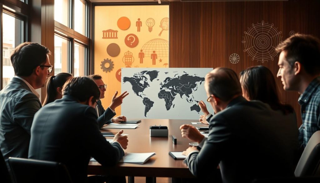 A Board Room Meeting With Cultural Stakeholders, Illuminated By Warm Lighting From Large Windows. In The Foreground, Executives Engage In A Tense Discussion, Hand Gestures And Furrowed Brows Conveying The Complexity Of Cross-Cultural Communication. The Middle Ground Features A World Map, Highlighting The Global Reach And Diversity Of The Organization'S Audience. In The Background, Abstract Symbols Representing Different Cultures And Belief Systems Swirl, Creating An Atmosphere Of Both Opportunity And Challenge. Crisp, High-Resolution Details Capture The Gravity Of Adapting Public Relations Strategies To Navigate The Nuances Of International Markets.