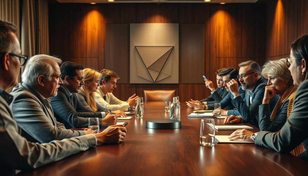 A Boardroom Table With Diverse Stakeholders Engaged In Lively Discussion, Their Faces Reflecting A Mix Of Determination And Compromise. Warm Lighting Casts A Soft Glow, Highlighting The Tension And Collaboration In The Room. Detailed Textures Of Wood, Leather, And Metal Convey A Sense Of Professional Gravitas. Geometric Shapes In The Background, Representing Different Organizational Goals, Converge And Diverge, Hinting At The Challenge Of Aligning Priorities. The Scene Captures The Essence Of The &Quot;Stakeholder Dilemma&Quot;, Where Stakeholders With Varied Interests Must Find Common Ground To Achieve Shared Success.
