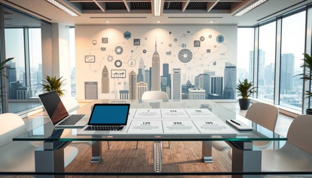 A Bright, Modern Office Setting With Clean, Minimalist Decor. In The Foreground, A Sleek Glass Table With A Laptop, Tablet, And Assorted Office Supplies. On The Table, A Well-Organized Series Of Steps For Data Quality Assessment, Represented By Icons And Diagrams. The Middle Ground Features A Large, Abstract Wall Mural Depicting Data Flows And Analytics, Casting A Warm, Ambient Light. The Background Showcases Floor-To-Ceiling Windows Overlooking A Bustling Cityscape, Adding Depth And A Sense Of Professionalism. The Overall Atmosphere Is One Of Efficiency, Attention To Detail, And A Methodical Approach To Data Management.