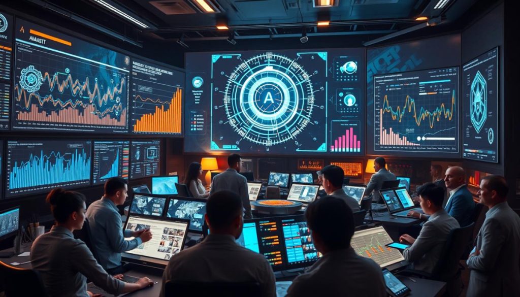 A Bustling Ai Data Analytics Command Center, With Sleek Holographic Displays, Algorithms Visualized As Intricate 3D Graphs, And Teams Of Experts In Deep Concentration, Surrounded By The Warm Glow Of Advanced Technology. The Scene Conveys A Sense Of Boundless Potential, As Insights Are Uncovered And Innovative Strategies Emerge From The Interplay Of Human Intelligence And Machine Learning. Bathed In A Soft, Evocative Lighting, The Image Captures The Essence Of Digital Marketing'S Future, Where Ai-Driven Analytics Seamlessly Guide Decision-Making And Elevate The Craft Of Modern Marketing.