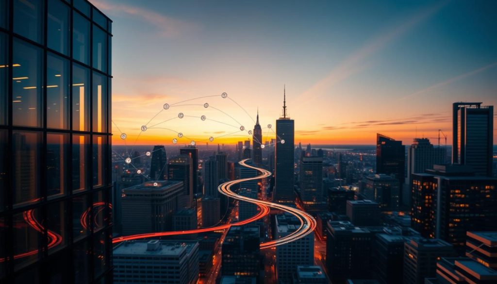 A Bustling City Skyline At Sunset, With The Intersection Of Seo And Pr Strategies Represented By Two Distinct Yet Intertwined Pathways. In The Foreground, A Modern Office Building With Large Windows Reflects The Warm Hues Of The Evening Sky. In The Middle Ground, A Network Of Data Streams And Digital Signals Converge, Representing The Analytical And Technical Aspects Of Seo. Winding Through This Digital Landscape, A Path Of Social Media Platforms, Press Releases, And Influencer Connections Symbolizes The Strategic Outreach Of Pr. The Background Features A Vibrant Cityscape, Highlighting The Diverse And Dynamic Nature Of The Modern Marketing Landscape. Captured With A Wide-Angle Lens And Warm, Cinematic Lighting, The Image Conveys The Harmonious Intersection Of These Two Powerful Disciplines.