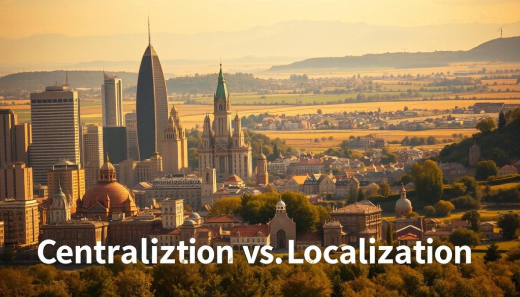 A Bustling City Skyline, Contrasted By A Serene Rural Landscape. In The Foreground, Striking Architectural Structures Representing Centralized Control, While In The Distance, A Patchwork Of Quaint, Independent Buildings Symbolize Localized Autonomy. Warm, Golden Light Bathes The Scene, Creating A Dreamlike Atmosphere. The Composition Is Balanced, With A Sense Of Tension And Harmony Between The Two Opposing Strategies. Intricate Details, Realistic Textures, And A Cinematic Depth Of Field Capture The Essence Of The &Quot;Centralization Vs. Localization&Quot; Concept.