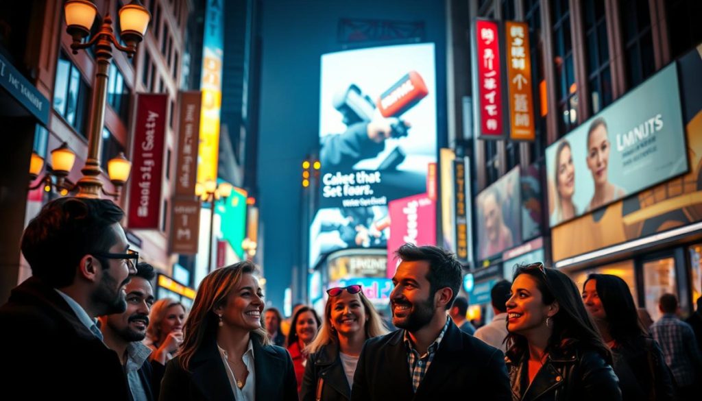 A Bustling City Street, Illuminated By The Warm Glow Of Street Lamps And Neon Signs. In The Foreground, A Group Of Well-Dressed Influencers Engage In Animated Conversation, Their Expressions Vibrant And Genuine. Behind Them, A Towering Billboard Dominates The Skyline, Showcasing A Striking Image Of A Product Or Service. The Atmosphere Is One Of Energy And Excitement, With A Sense Of Authenticity And Connection Between The Influencers And Their Audience. The Lighting Is Soft And Atmospheric, Creating A Cinematic Ambiance That Draws The Viewer Into The Scene. The Composition Balances The Foreground And Background Elements, Creating A Visually Striking And Impactful Image That Captures The Essence Of Modern, Authentic Influencer Marketing.