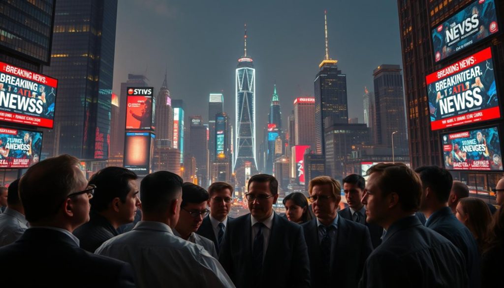 A Bustling Cityscape, Towering Skyscrapers And Industrial Complexes Against A Backdrop Of Breaking News Headlines Flickering Across Digital Screens. In The Foreground, Executives And Entrepreneurs Gathered, Their Expressions Intense As They Analyze The Latest Developments, Seeking Opportunities To Capitalize On The News Cycle. Dramatic Lighting Casts Strategic Shadows, Emphasizing The Sense Of Urgency And Anticipation. The Scene Is Captured Through A Cinematic Wide-Angle Lens, Conveying The Scale And Dynamism Of This Fast-Paced, Reactive Business Landscape. An Atmosphere Of Innovation And Adaptability Permeates The Image, Reflecting The Agility Required To Thrive In Industries That Leverage Breaking News.