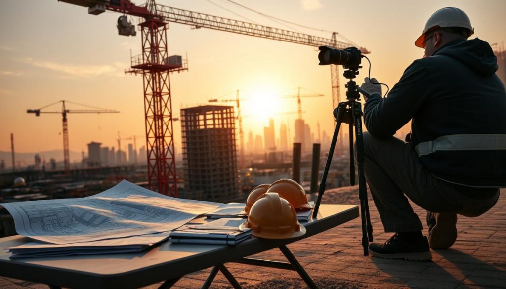 A Bustling Construction Site At Golden Hour, With Workers Diligently Capturing Documentation. In The Foreground, A Large Dslr Camera On A Tripod Aims Towards The Project, Its User Crouched Beside It. Intricate Blueprints And Notebooks Lie Scattered On A Folding Table, Surrounded By Hard Hats And Safety Vests. In The Middle Ground, A Crane Towers Over Partially Built Structures, Casting Dramatic Shadows Across The Scene. The Background Features A Horizon Of Unfinished Skyscrapers And Cranes, Bathed In The Warm Glow Of The Setting Sun. The Atmosphere Is One Of Methodical Progress, With A Sense Of Urgency And Precision Permeating The Air.
