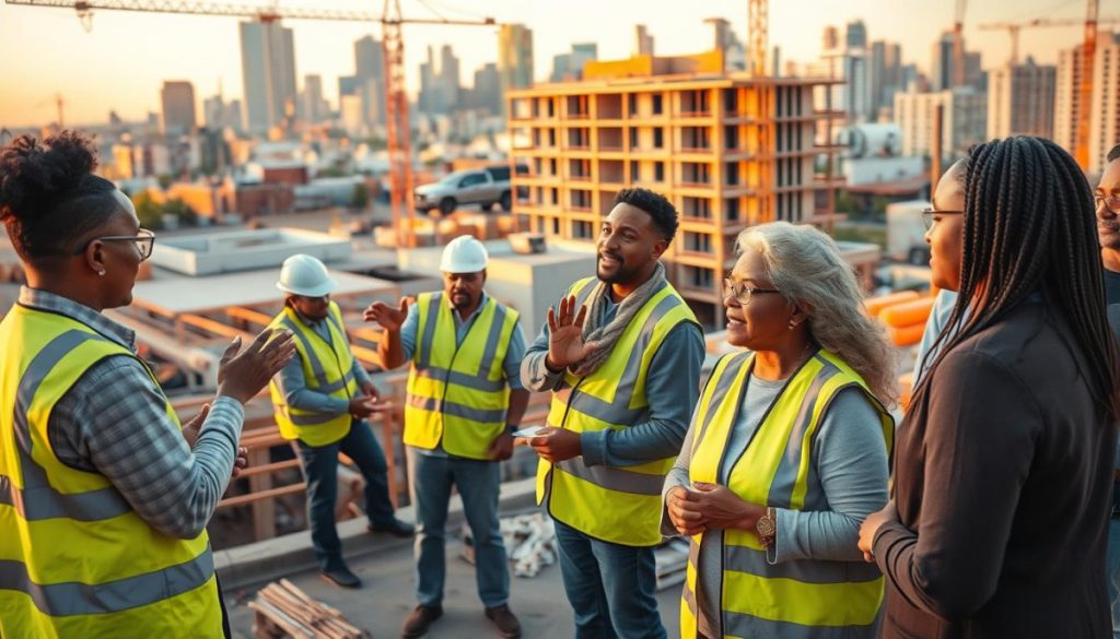 A Bustling Construction Site, With Workers In Neon Vests Collaborating On A Multi-Story Building. In The Foreground, Community Members Observe And Engage, Gesturing Enthusiastically. In The Middle Ground, A Diverse Group Of Residents Discuss Plans With The Project Manager, Their Expressions Animated. The Background Showcases The City Skyline, Bathed In Warm, Golden-Hour Lighting, Conveying A Sense Of Progress And Partnership. The Scene Radiates An Atmosphere Of Community Involvement And Investment In The Construction Process, Reflecting The Importance Of Community-Focused Construction Pr.