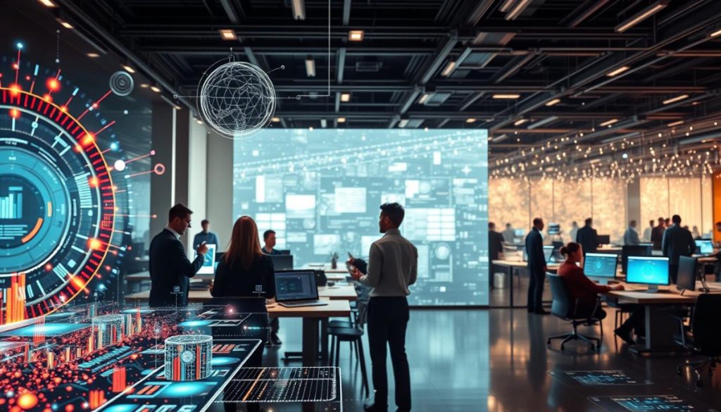 A Bustling Digital Landscape With Ai-Powered Marketing Strategies Seamlessly Integrated. In The Foreground, Intricate Data Visualizations Dance Across Holographic Displays, Driven By Machine Learning Algorithms. The Middle Ground Features A Modern, Minimalist Office Space Where Teams Collaborate On Targeted Ad Campaigns, Their Faces Illuminated By The Glow Of Interactive Dashboards. In The Background, A Vast Network Of Interconnected Devices And Platforms Hum With Real-Time Analytics, Guiding The Optimization Of Personalized Customer Experiences. Diffuse, Warm Lighting Creates A Sense Of Futuristic Efficiency, While Subtle Reflections On Sleek Surfaces Add Depth And Complexity To The Scene.