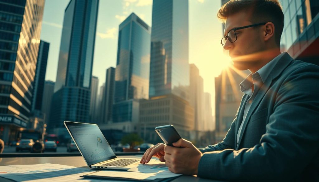 A Bustling Financial District, Towering Skyscrapers Casting Long Shadows On The Streets Below. Sunlight Glints Off Sleek Glass Facades, Reflecting The Flow Of Data And Information That Drives The Market. In The Foreground, A Journalist'S Desk, Adorned With Charts, Graphs, And An Open Laptop Displaying Financial Data Visualizations. Alongside, A Smartphone Displays Breaking News Headlines, The Glow Illuminating The Focused, Pensive Expression Of The Journalist As They Craft A Data-Driven Story. The Scene Is One Of Dynamic Energy, Capturing The Intersection Of Journalism, Technology, And The Ever-Evolving Financial Landscape.