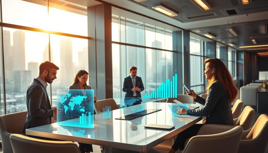 A Bustling Futuristic Office Setting, Illuminated By Warm, Natural Lighting Filtering Through Large, Panoramic Windows. In The Foreground, A Team Of Professionals Collaborating On Interactive Holographic Displays, Their Expressions Engaged As They Strategize Innovative Business Growth Solutions. In The Middle Ground, A Sleek, Minimalist Conference Table Surrounded By Comfortable Chairs, Hosting An Executive-Level Meeting. The Background Features A Cityscape Of Towering Skyscrapers, Reflecting The Dynamic Progress Of The Company. The Overall Atmosphere Conveys A Sense Of Technological Advancement, Collaborative Intelligence, And Boundless Potential For Business Transformation.