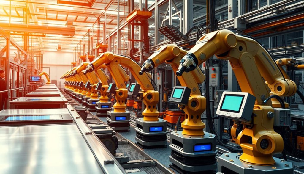 A Bustling Manufacturing Floor, Alive With The Orchestrated Dance Of Robotic Arms And Automated Systems. Gleaming Metal Surfaces, Cool And Precise, Interspersed With Vibrant Displays And Touchscreens. Bright, Directional Lighting Casts A Warm Glow, Illuminating The Collaborative Interplay Between Human Technicians And Their Intelligent Machine Counterparts. Intricate Mechanisms Move With Fluid Synchronicity, Seamlessly Integrating Advanced Sensors And Ai-Driven Controls. The Atmosphere Exudes A Sense Of Efficiency And Innovation, As The Lines Between Human And Machine Intelligence Blur, Showcasing The Power Of Ai Augmentation To Enhance Productivity And Unlock New Possibilities In The World Of Modern Manufacturing.