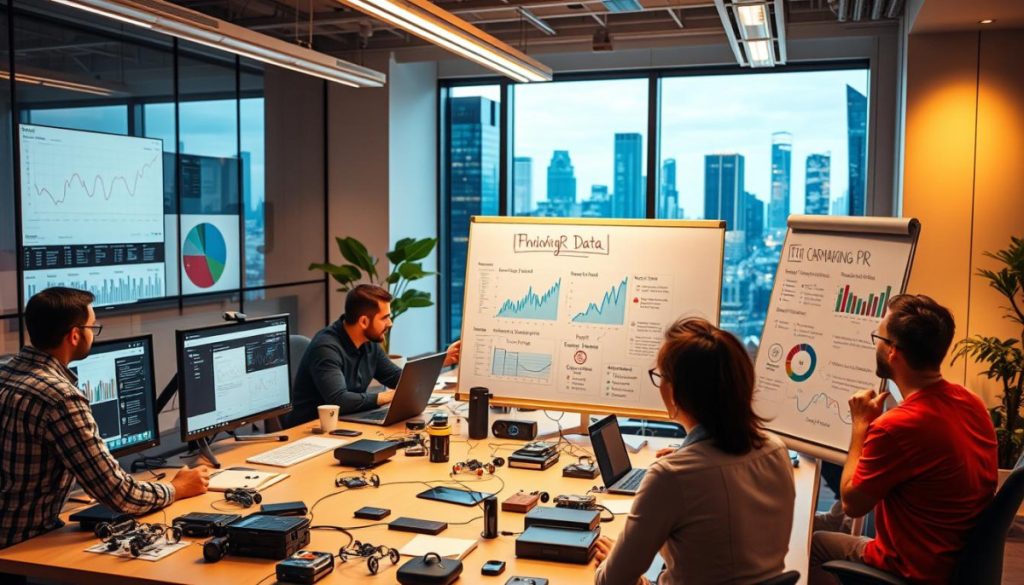 A Bustling Office Scene With A Team Of Data Analysts And Iot Developers Collaborating On A Data-Driven Pr Campaign. Sleek Monitors Display Real-Time Analytics, While Prototype Devices And Wearables Crowd The Desks. Warm Lighting Casts A Professional Glow, And The Mood Is One Of Focused, Innovative Energy. In The Foreground, A Whiteboard Outlines The Campaign Strategy, Complete With Customer Personas And Targeted Messaging. The Background Features A Cityscape Of Towering Skyscrapers, Hinting At The Scale And Impact Of The Iot Revolution. The Overall Impression Is Of A Well-Oiled, Technology-Driven Pr Machine, Designed To Connect Physical Iot Products To Widespread Digital Coverage.