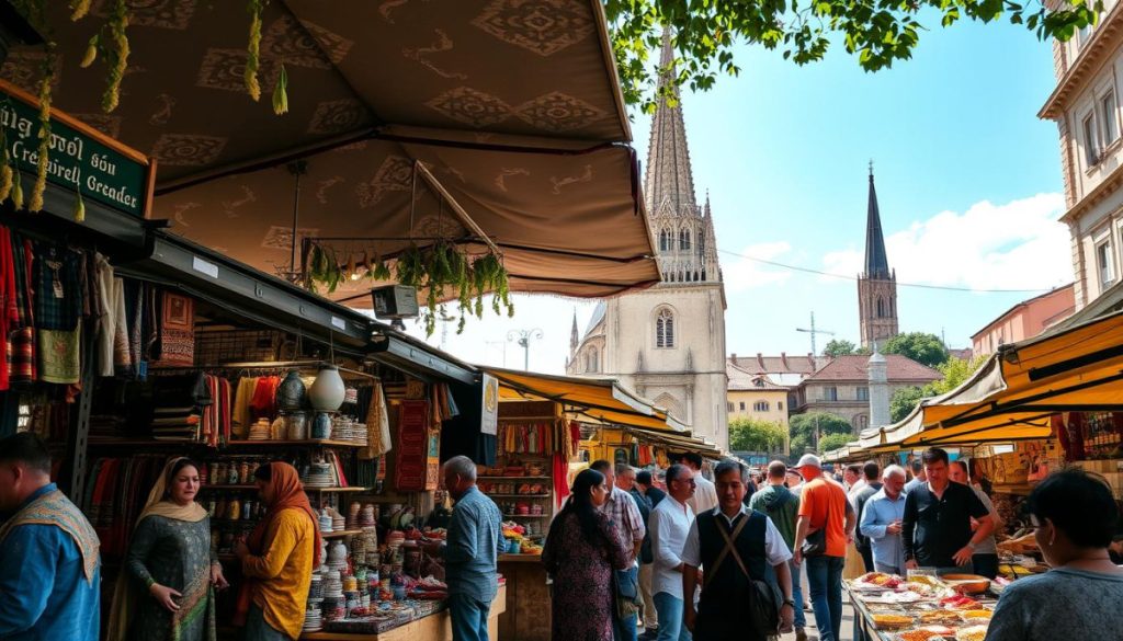 A Bustling Open-Air Market In A Vibrant, Culturally Diverse City. Vendors In Traditional Garb Showcase An Array Of Colorful Textiles, Handcrafted Ceramics, And Fragrant Spices. Shoppers From All Walks Of Life Browse The Stalls, Engrossed In Lively Conversations. Dappled Sunlight Filters Through The Overhead Canopy, Casting Warm Shadows And Illuminating The Scene. In The Background, A Towering Cathedral Spire Rises, A Symbol Of The City'S Rich Heritage. The Atmosphere Is One Of Discovery, Exchange, And A Celebration Of Global Cultures.