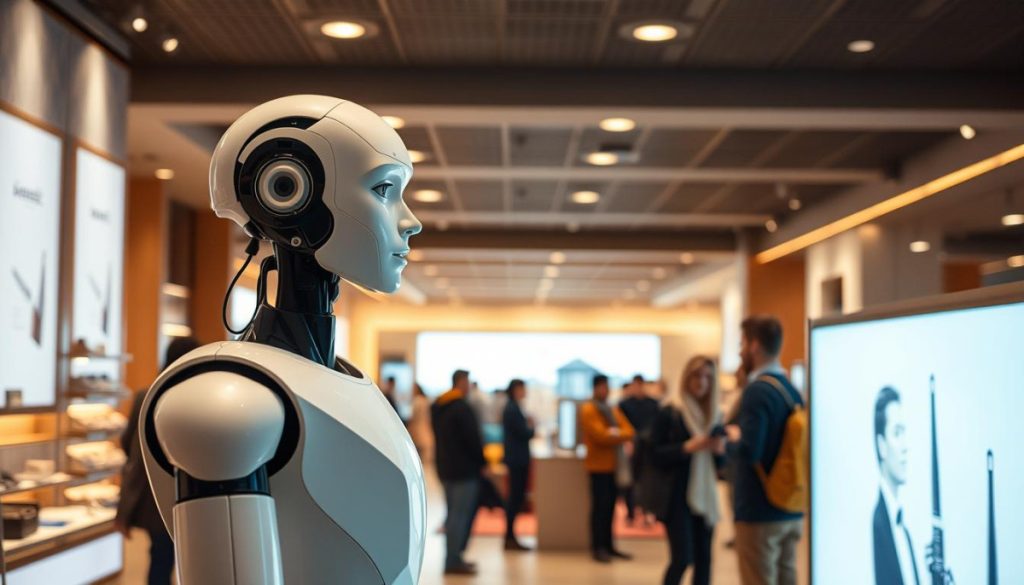 A Bustling Retail Environment, Illuminated By Warm, Diffused Lighting. In The Foreground, An Ai Agent Stands Tall, Its Humanoid Form Exhibiting A Serene, Yet Purposeful Demeanor. Its Gaze Is Directed Towards A Group Of Customers, Its Expression Conveying A Sense Of Empathy And Understanding. The Agent'S Movements Are Fluid And Natural, Seamlessly Interacting With The Humans Around It. In The Middle Ground, The Retail Space Is Filled With A Harmonious Blend Of High-Tech Displays, Shelves Stocked With Merchandise, And A Subtle, Elegant Aesthetic. Customers Navigate The Space, Their Interactions With The Ai Agent Smooth And Intuitive, As If They Were Conversing With A Knowledgeable And Trusted Companion. The Background Features A Panoramic View Of The Retail Environment, Showcasing The Integration Of The Ai Agent Within The Broader Commercial Landscape. The Scene Projects A Sense Of Innovation, Efficiency, And A Customer-Centric Approach To The Retail Experience.