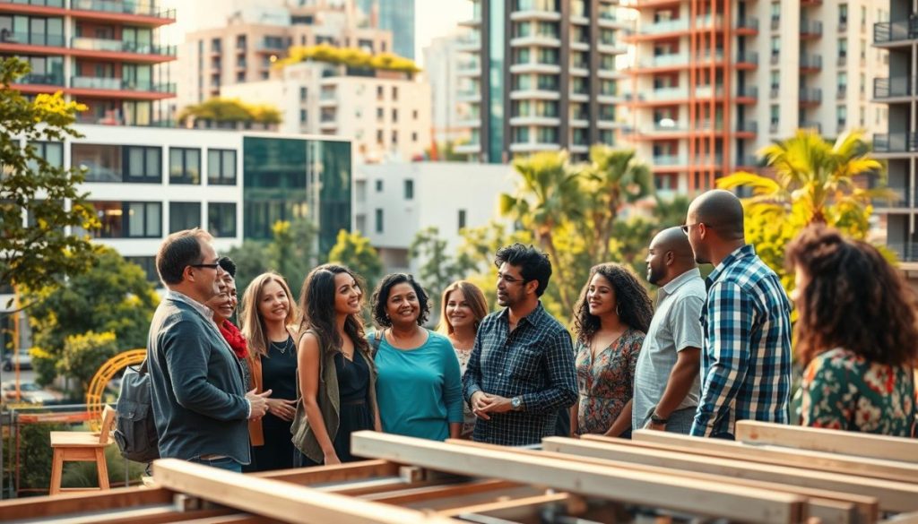 A Bustling Urban Setting, With A Construction Site In The Foreground. In The Center, A Group Of Community Members Engaged In An Open Discussion, Their Faces Alight With Enthusiasm. The Background Features A Mix Of Modern Buildings And Lush Greenery, Conveying A Sense Of Vibrancy And Progress. Warm, Natural Lighting Bathes The Scene, Creating A Welcoming And Collaborative Atmosphere. The Camera Angle Is Slightly Elevated, Allowing For A Comprehensive View Of The Interactions And The Built Environment. The Overall Composition Suggests A Harmonious Integration Of Community Concerns And Construction Initiatives, Showcasing Effective Strategies For Authentic Community Engagement.