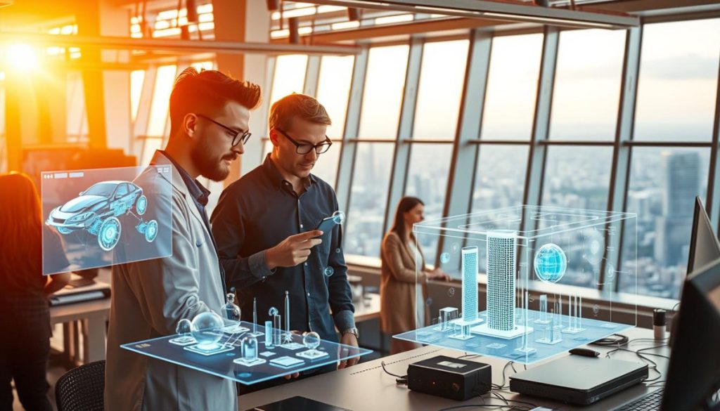 A Bustling Workspace Where Humans And Machines Collaborate Seamlessly, Illuminated By Warm, Natural Lighting Filtering Through Large Windows. Advanced Holographic Displays And Haptic Control Interfaces Float Effortlessly, Allowing Users To Manipulate Digital Assets With Intuitive Gestures. In The Foreground, A Data Scientist And An Ai Engineer Work Side-By-Side, Examining Intricate 3D Models And Analyzing Complex Visualizations. The Background Reveals A Panoramic View Of A Futuristic Cityscape, Hinting At The Boundless Possibilities Of Human-Machine Innovation. Cutting-Edge Tools, Intelligent Algorithms, And A Synergy Of Creativity And Logic Define This Dynamic, Forward-Thinking Environment.