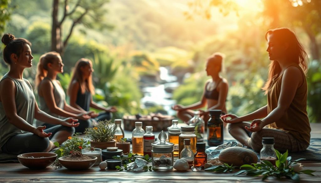 A Calming, Serene Environment Showcasing Various Holistic Healing Modalities. In The Foreground, A Group Of People Engage In Meditative Practices, Their Faces Radiating Tranquility. Midground Features An Array Of Natural Remedies, Herbs, And Crystals Arranged With Care. The Background Depicts A Lush, Verdant Landscape With A Gentle Stream And Warm, Diffused Lighting, Creating An Atmosphere Of Balance And Wellness. High-Quality, Photorealistic Rendering With Attention To Detail In Textures, Lighting, And Depth Of Field. A Calming, Serene Environment Showcasing Various Holistic Healing Modalities. In The Foreground, A Group Of People Engage In Meditative Practices, Their Faces Radiating Tranquility. Midground Features An Array Of Natural Remedies, Herbs, And Crystals Arranged With Care. The Background Depicts A Lush, Verdant Landscape With A Gentle Stream And Warm, Diffused Lighting, Creating An Atmosphere Of Balance And Wellness. High-Quality, Photorealistic Rendering With Attention To Detail In Textures, Lighting, And Depth Of Field.