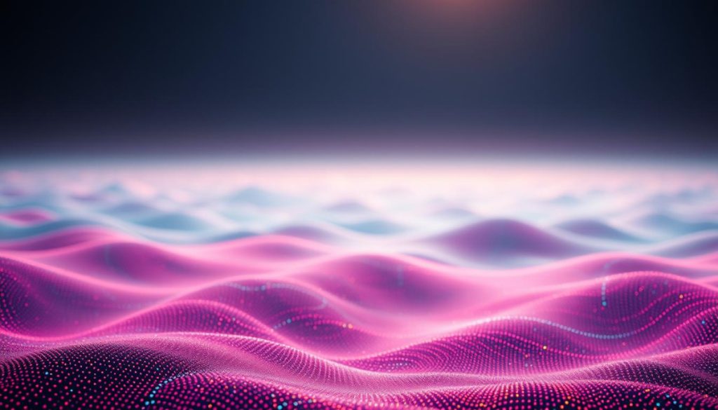 A Captivating Abstract Landscape Depicting The Continuous Flow Of Digital Feature Spaces. In The Foreground, A Vibrant Tapestry Of Dynamic Data Points, Each A Unique Node In A Vast Interconnected Network. The Midground Showcases A Mesmerizing Gradient Of Hues, Representing The Seamless Transitions Between Feature Dimensions. In The Background, A Horizon Of Shimmering Lights, Symbolizing The Expansive And Ever-Evolving Nature Of The Digital Realm. Lighting Is Soft And Diffused, Casting A Contemplative Mood. The Camera Angle Is Slightly Elevated, Offering A Panoramic View That Invites The Viewer To Explore The Boundless Possibilities Within The Feature Space Continuum.