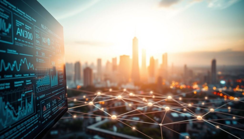 A Captivating, Photorealistic Scene Of Natural Language Processing In The Digital Landscape. In The Foreground, A Sleek, Futuristic Interface Showcases Intricate Data Visualizations And Nlp-Powered Analytics. The Middle Ground Features A Network Of Interconnected Api Calls, With Data Flowing Seamlessly Between Cloud-Based Language Models And Real-Time Business Applications. In The Background, A City Skyline Glimmers, Reflecting The Integration Of Cutting-Edge Ai Technology Into The Fabric Of The Modern Digital World. Soft, Warm Lighting Casts A Sense Of Innovation And Progress, While Subtle Lens Distortion And Depth Of Field Create A Sense Of Depth And Immersion. The Overall Atmosphere Conveys The Power And Potential Of Api-Based Llm Integration In Driving Efficiency And Success In Today'S Digital Strategies.