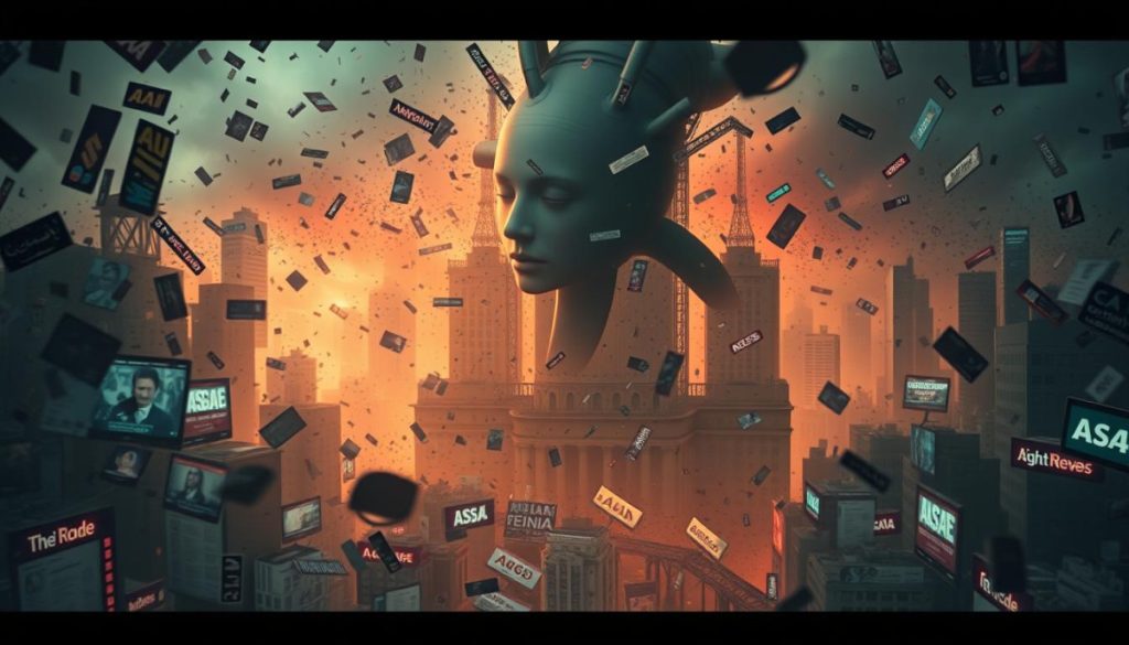 A Chaotic, Digital Landscape Where Misinformation And Ai-Generated Falsehoods Spread Like A Viral Contagion. In The Foreground, A Tangle Of Social Media Feeds, News Headlines, And Trending Hashtags, All Blurring The Lines Between Truth And Fiction. Amid The Chaos, A Looming, Ominous Presence - An Ai-Powered Engine That Generates And Amplifies The Spread Of These Deceptive Narratives. The Background Is A Dystopian Cityscape, Its Buildings And Infrastructure Corrupted By The Pervasive Influence Of Ai-Driven Misinformation. Dramatic Lighting And A Ominous Color Palette Convey The Gravity Of The Situation, While The Overall Scene Suggests The Growing Threat Of Ai-Generated Fake News And Its Potential To Undermine Brand Reputations And Public Trust.