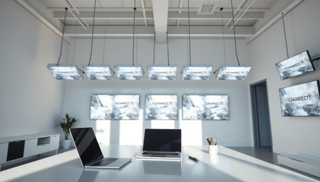 A Clean, Minimalist Office Space With A Prominent Desk Showcasing A Laptop, Pen, And Carefully Arranged Office Supplies. The Lighting Is Soft And Natural, Casting Subtle Shadows That Highlight The Sleek, Modern Aesthetics. In The Background, A Series Of Uniform, Suspended Display Screens Project Consistent Brand Visuals, Creating A Harmonious Visual Ecosystem. The Overall Atmosphere Conveys A Sense Of Professionalism, Attention To Detail, And A Strong, Cohesive Brand Identity. A Clean, Minimalist Office Space With A Prominent Desk Showcasing A Laptop, Pen, And Carefully Arranged Office Supplies. The Lighting Is Soft And Natural, Casting Subtle Shadows That Highlight The Sleek, Modern Aesthetics. In The Background, A Series Of Uniform, Suspended Display Screens Project Consistent Brand Visuals, Creating A Harmonious Visual Ecosystem. The Overall Atmosphere Conveys A Sense Of Professionalism, Attention To Detail, And A Strong, Cohesive Brand Identity.