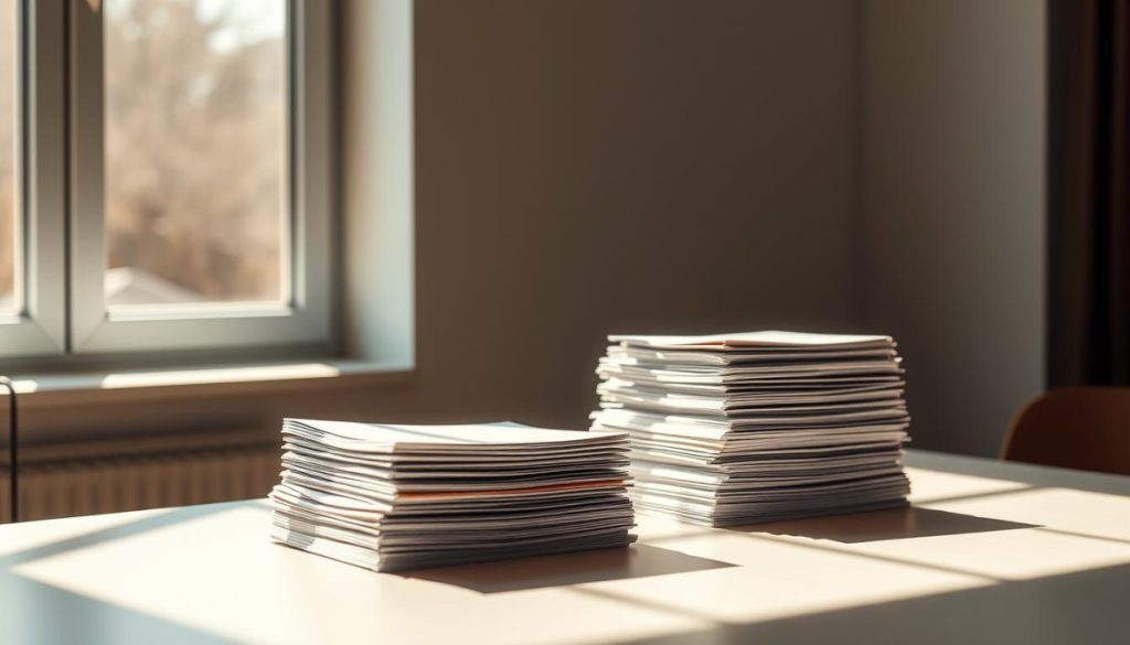 A Clean, Minimalist Tabletop Scene With Two Stacks Of Papers, One Representing &Quot;Vanity Metrics&Quot; (Shiny, Flashy, But Ultimately Meaningless Data) And The Other &Quot;Actionable Metrics&Quot; (Practical, Insightful Information That Drives Real Business Impact). The Vanity Metrics Stack Is Taller, Eye-Catching, And Gilded, While The Actionable Metrics Stack Is Shorter, More Subdued, But Clearly More Substantial. Natural Lighting From A Large Window Bathes The Scene In A Warm, Contemplative Glow, Casting Dramatic Shadows. The Composition Is Balanced, Directing The Viewer'S Attention To The Contrast Between The Two Metric Types. The Overall Mood Is One Of Thoughtful Consideration Of Marketing Priorities.