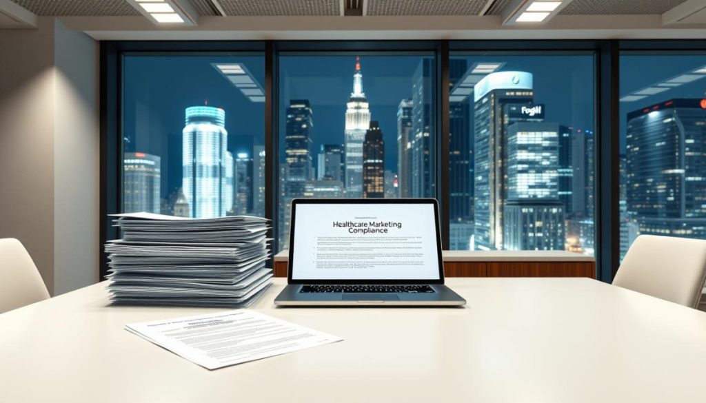 A Clean, Professional-Looking Office Setting With A Large Glass Window Overlooking A Bustling City Skyline. On A Sleek, Modern Desk, Several Stacks Of Paperwork And A Laptop Display Guidelines And Regulations Related To Healthcare Marketing Compliance. A Neutral Color Palette With Hints Of Warm Wood Tones Creates A Calm, Authoritative Ambiance. Soft, Even Lighting From Overhead Sources Illuminates The Scene, Emphasizing The Importance And Attention To Detail Required For Navigating Healthcare Pr Regulations. The Overall Composition Conveys A Sense Of Order, Diligence, And A Commitment To Responsible Marketing Practices In The Healthcare Industry.