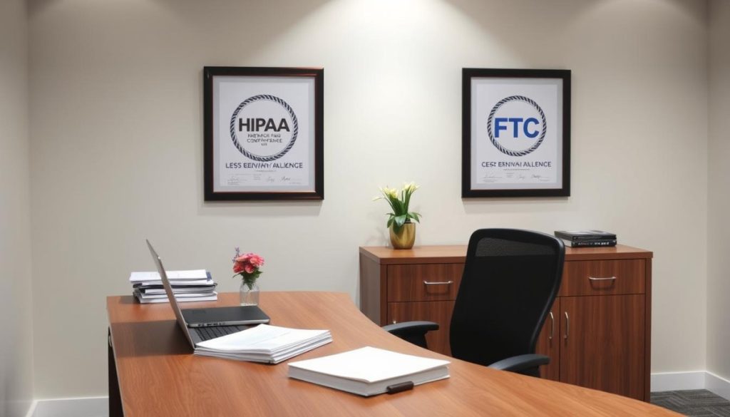 A Clean, Well-Lit Office Space With A Large Oak Desk And Ergonomic Task Chair. On The Desk, A Laptop, A Stack Of Documents, And A Small Vase Of Fresh Flowers. On The Wall Behind The Desk, Two Framed Certificates Prominently Displaying The Hipaa And Ftc Compliance Logos. The Lighting Is Soft And Diffused, Creating A Professional Yet Welcoming Atmosphere. The Overall Scene Conveys A Sense Of Order, Organization, And Attention To Regulatory Requirements In The Healthcare Industry.