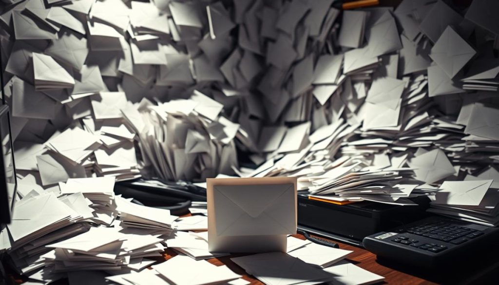 A Cluttered Desk Overflowing With An Excessive Number Of Unopened Emails, Conveying The Frustration Of A Busy Journalist Overwhelmed By Countless Pitches Vying For Their Attention. Harsh, Directional Lighting Casts Deep Shadows, Creating A Sense Of Urgency And High-Pressure. In The Foreground, A Single Email Stands Out, Its Subject Line Illegible, Symbolizing The Challenge Of Making One'S Message Heard Amidst The Digital Cacophony. The Overall Mood Is One Of Chaos And Information Overload, Highlighting The Need For A Strategic Media Outreach Approach To Cut Through The Noise.