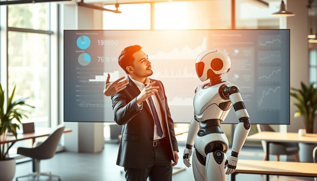 A Collaborative Office Setting With A Team Of Two Professionals, A Human And An Ai, Working Together On A Pr Strategy. The Human, Dressed In Business Attire, Is Gesturing Towards A Large Digital Display Showing Data Visualizations And Insights. The Ai, Represented By A Sleek Humanoid Robot, Stands Beside Them, Conveying A Sense Of Harmony And Cooperation. Warm, Natural Lighting Illuminates The Scene, Creating A Productive And Innovative Atmosphere. The Background Features Modern Office Furnishings And Technology, Emphasizing The Integration Of Human And Artificial Intelligence In The Pr Industry.