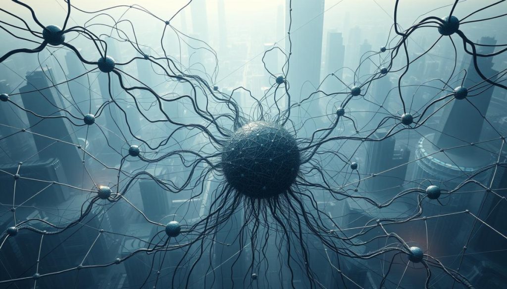 A Complex And Interconnected Web Of Ai Models, Each Evolving And Adapting, Their Tendrils Reaching Across Vast Computational Landscapes. In The Foreground, A Central Gpt Model, Its Neural Architecture Pulsing With Energy, Surrounded By A Swirling Vortex Of Smaller Specialist Models, Each Contributing Their Unique Capabilities. The Background Depicts A Futuristic Cityscape, Gleaming Towers Of Data Centers And Research Labs, The Beating Heart Of Technological Progress. Soft, Diffuse Lighting Bathes The Scene, Creating A Sense Of Depth And Intrigue. The Overall Atmosphere Is One Of Dynamic, Ever-Changing Innovation, Reflecting The Rapid Advancements In Ai And Language Model Development.