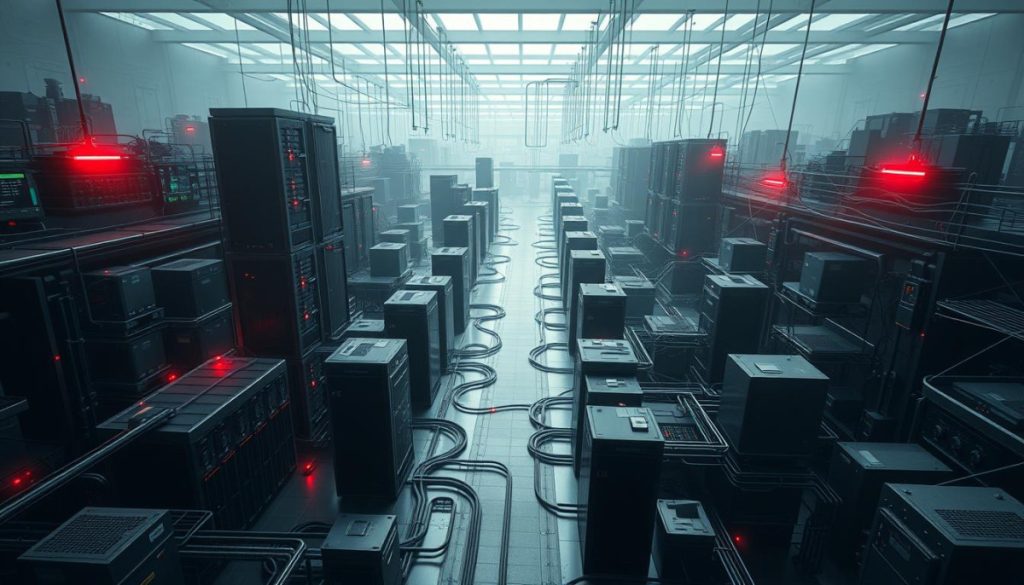 A Complex Data Landscape With Interconnected Silos, Servers, And Repositories, Casting Long Shadows Across A Sterile, Corporate Environment. Muted Tones Of Gray And Steel, Punctuated By Flashes Of Red Warning Lights, Convey The Gravity Of Compliance Challenges. Geometric Architectural Forms And A High-Contrast, Cinematic Lighting Create A Moody, Almost Dystopian Atmosphere, Highlighting The Tension Between The Pursuit Of Data-Driven Insights And The Constraints Of Data Governance Policies. The Scene Evokes A Sense Of Unease And The Need For Innovative Solutions To Bridge The Divide Between Technology And Regulation.