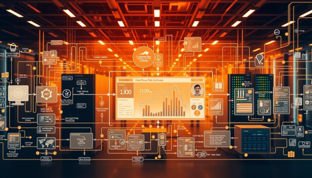 A Complex Data Visualization Depicting The Multistage Customer Data Activation Process. In The Foreground, A Dynamic Flow Chart Shows The Various Steps Involved, From Data Collection And Segmentation To Targeted Outreach And Analysis. The Middle Ground Features A Holistic Dashboard Displaying Real-Time Metrics And Insights, Conveying The Power Of Data-Driven Decision Making. In The Background, An Array Of Interconnected Databases And Servers Symbolize The Robust Infrastructure Supporting The Seamless Activation Of Customer Intelligence. Warm Lighting Casts A Sense Of Clarity And Professionalism, While A Sleek, Minimalist Aesthetic Underscores The Efficiency Of The Overall System.