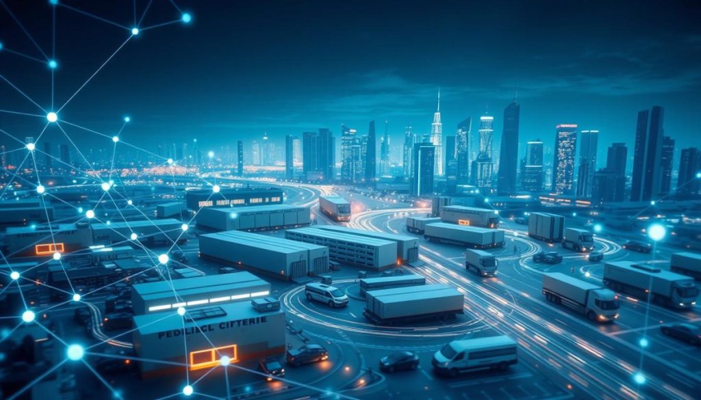 A Complex Digital Supply Chain Landscape, With A Futuristic, High-Tech Aesthetic. In The Foreground, A Network Of Interconnected Nodes And Data Streams Visualize The Flow Of Information And Logistics. The Middle Ground Features Sleek, Minimalist Warehouses And Distribution Centers, Their Robotic Systems Operating With Precision. In The Background, A Cityscape Of Gleaming Skyscrapers And Autonomous Vehicles Reflects The Integrated, Ai-Driven Nature Of The Modern Supply Chain. Soft, Directional Lighting Casts Sharp Shadows, Emphasizing The Dynamism And Technology-Driven Nature Of This Digital Ecosystem. Rendered In A Photorealistic Style With A Cinematic Depth Of Field, The Image Conveys A Sense Of Power, Efficiency, And The Transformative Potential Of Supply Chain Ai.