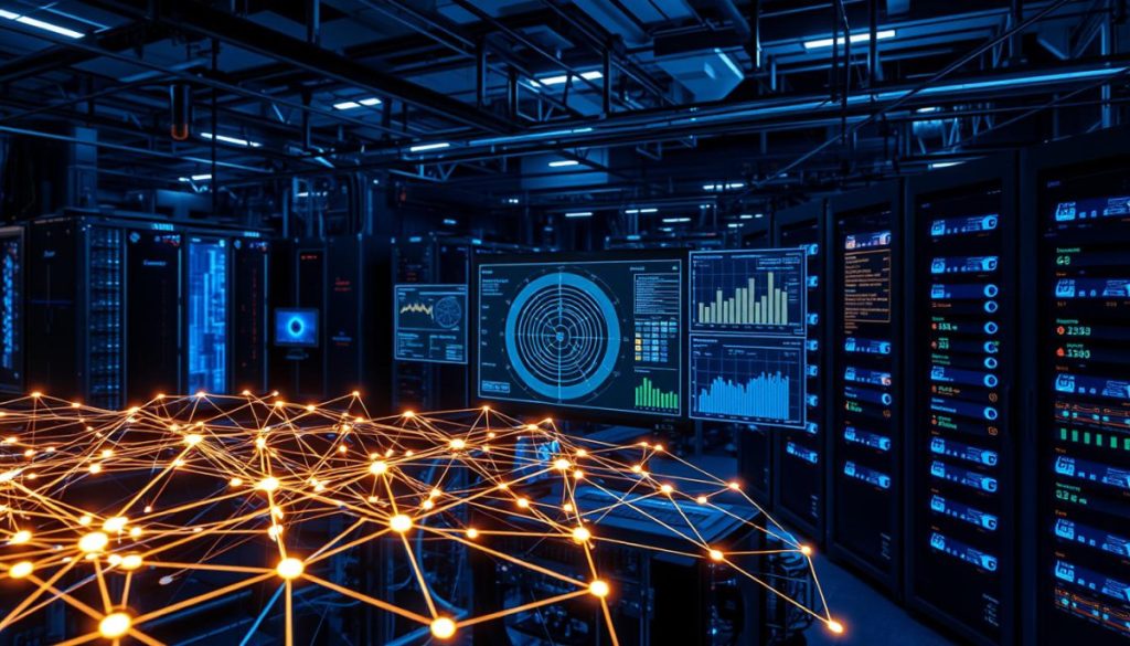 A Complex Network Of Interconnected Machine Learning Systems, Processing Vast Streams Of Data. In The Foreground, A Neural Network Visualized As A Lattice Of Glowing Nodes And Synapses, Pulsing With Activity. In The Middle Ground, Radar Graphs And Data Visualizations Provide Insights Into The System'S Performance. The Background Is A Technological Landscape, With Towering Data Centers And Server Racks, Illuminated By Cool, Blue Lighting. The Overall Atmosphere Conveys A Sense Of Precision, Power, And The Relentless Pursuit Of Understanding Hidden Patterns In The Data.