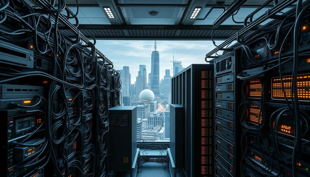 A Complex Production System With Seamless Integration, Showcasing Cutting-Edge Technology. In The Foreground, A Network Of Interconnected Hardware And Software Components Work In Harmony, Their Intricately Designed Interfaces Allowing For Smooth Data Exchange. The Middle Ground Reveals Sleek, High-Performance Servers And Storage Systems, Their Illuminated Panels Casting A Warm, Technological Glow. In The Background, A Meticulously Rendered Cityscape Emerges, Its Towering Skyscrapers And Bustling Streets Symbolizing The Scale And Impact Of This Integrated System. Soft, Directional Lighting Accentuates The Precision And Sophistication Of The Entire Scene, Creating A Sense Of Awe And Functionality. The Overall Atmosphere Exudes A Palpable Air Of Innovation, Efficiency, And The Seamless Integration Of Cutting-Edge Technology.