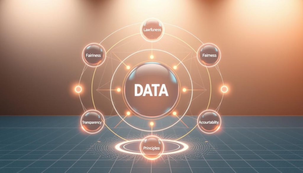A Complex Yet Elegant Diagram Showcasing The Core Principles Of Data Protection In Ai Applications. In The Foreground, A Central Sphere Representing The Concept Of Data, Surrounded By Four Equidistant Spheres Depicting The Key Principles: Lawfulness, Fairness, Transparency, And Accountability. These Spheres Are Connected By Intricate, Glowing Lines, Symbolizing The Interconnectedness Of The Principles. The Middle Ground Features A Subtle Grid Pattern, Hinting At The Technological Underpinnings Of Ai Systems. In The Background, A Softly Lit, Reflective Plane Evokes A Sense Of Profundity And Gravitas, While Strategically Placed Lighting Casts Shadows That Add Depth And Dimension To The Composition. The Overall Aesthetic Is One Of Balanced, Harmonious Design, Conveying The Importance Of Data Protection Principles In The Responsible Development Of Ai.