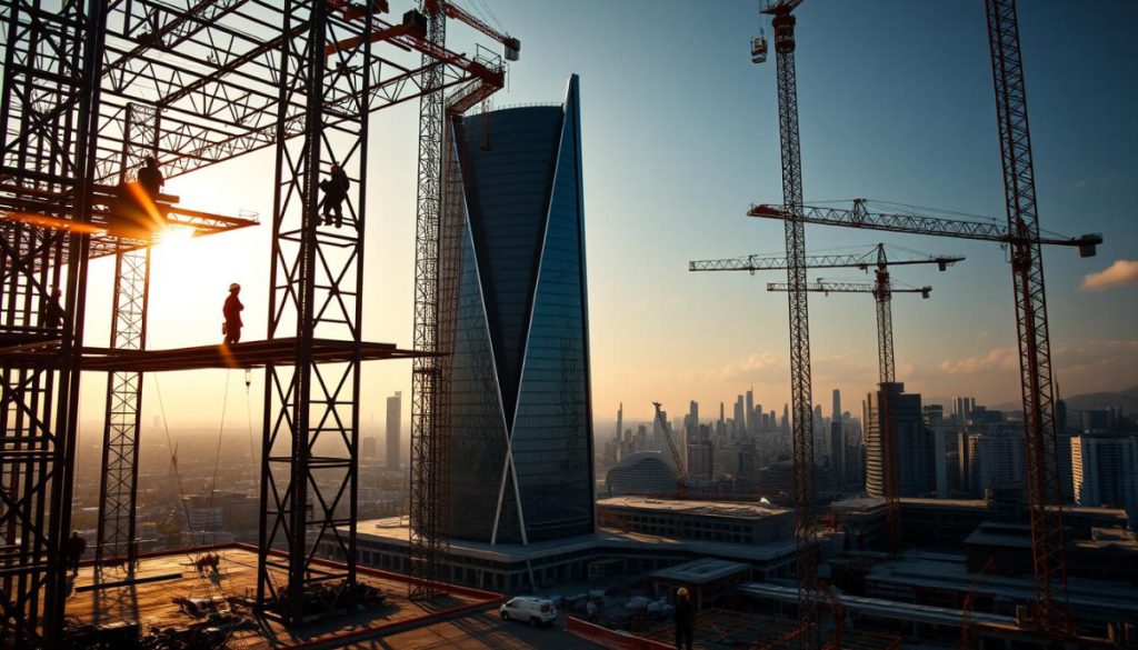 A Construction Site Bustling With Activity, Captured Through The Lens Of A High-Resolution Camera. In The Foreground, Workers Diligently Erect A Towering Steel Frame, Their Movements Choreographed With Precision. The Middle Ground Features A Modern, Angular Building Taking Shape, Its Sleek Design A Testament To The Brand'S Commitment To Innovation. The Background Showcases A Cityscape, The Sun'S Rays Casting A Warm, Golden Glow Over The Scene, Evoking A Sense Of Progress And Prosperity. The Lighting Is Natural, With Subtle Shadows Adding Depth And Dimension. The Overall Composition Conveys A Compelling Visual Narrative, Embodying The Essence Of The Construction Brand'S Vision And Expertise.