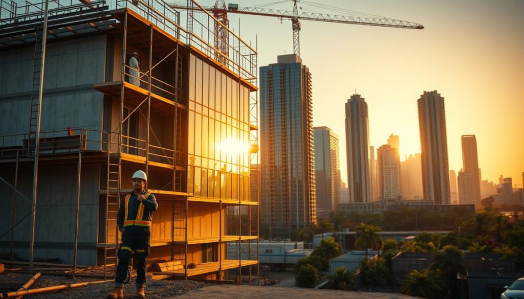A Construction Site In The Golden Hour, Showcasing The Dramatic Transformation From A Bare Plot To A Modern, Multi-Story Building. In The Foreground, A Worker Proudly Stands Amidst The Scaffolding, Surveying The Progress. The Mid-Ground Depicts The Building'S Facade, Its Angular Lines And Glass Panels Reflecting The Warm, Hazy Sunlight. In The Background, A Cityscape Of Towering Skyscrapers And Lush Greenery Sets The Scene, Conveying A Sense Of Urban Growth And Renewal. The Lighting Is Soft And Flattering, Highlighting The Intricate Details Of The Construction Process And The Pride Of The Worker. This Image Captures The Essence Of &Quot;Before-And-After&Quot; Content, Showcasing The Remarkable Transformation That Construction Projects Can Bring To A Community.