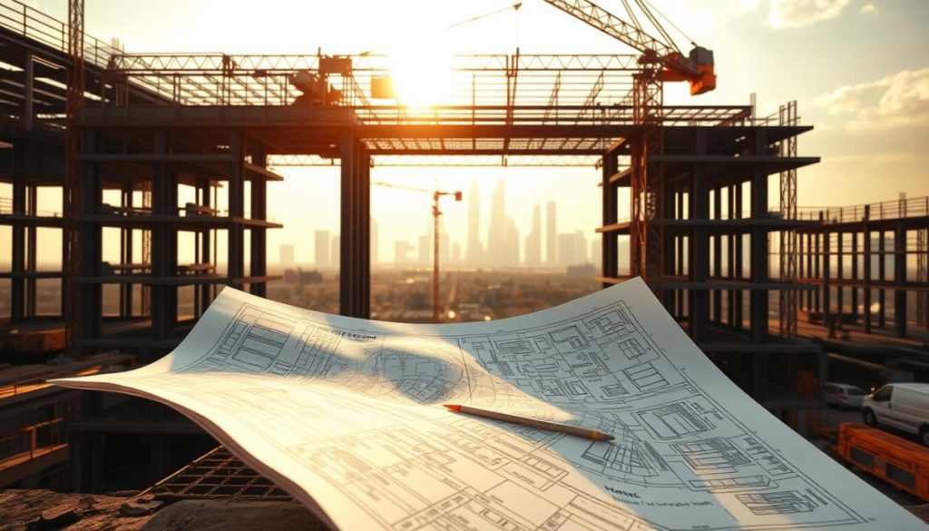 A Construction Site Shrouded In A Warm, Golden Light, With Workers Diligently Assembling A Sturdy Framework Of Steel Beams And Concrete Foundations. In The Foreground, A Blueprint Unfurls, Revealing Intricate Schematics And Meticulous Planning. The Middle Ground Showcases A Crane Gracefully Lifting Heavy Materials, While In The Background, A Modern Skyline Emerges, Signifying The High Standards And Ambitious Vision Of This Project. The Scene Conveys A Sense Of Progress, Efficiency, And The Unwavering Commitment To Delivering A Construction Case Study That Sets The Benchmark For Excellence.