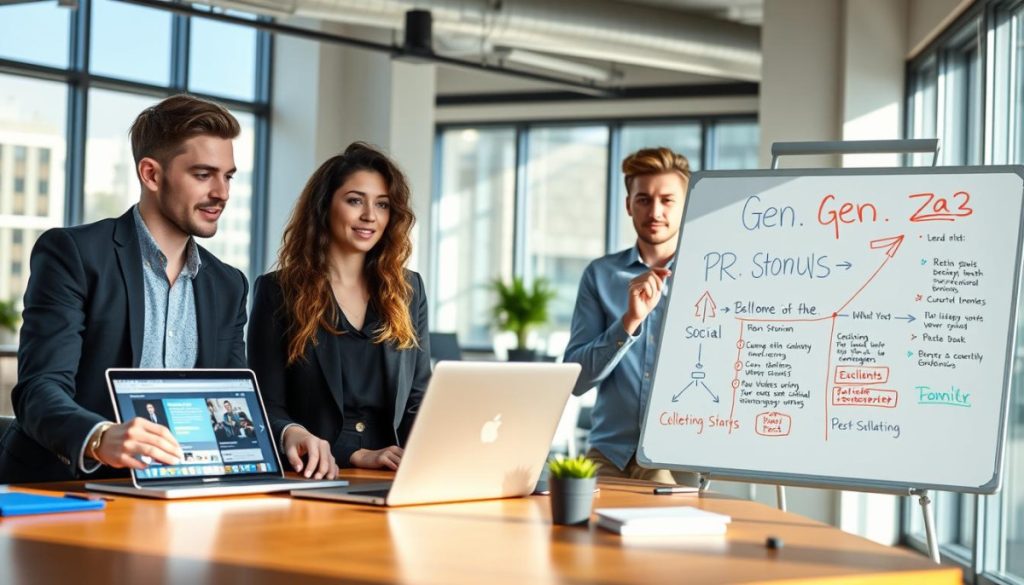 A Contemporary Office Setting With Contrasting Generational Pr Strategies. On The Left, A Millennial Team Member Presents A Social Media Campaign On A Laptop, Showcasing A Sleek, Polished Aesthetic. On The Right, A Gen Z Colleague Pitches Ideas On A Digital Whiteboard, Employing A More Vibrant, Dynamic Visual Language. Natural Lighting Filters Through Large Windows, Illuminating The Professional Yet Innovative Workspace. The Scene Conveys The Subtle Differences In How These Generations Approach The Craft Of Public Relations On Social Platforms.