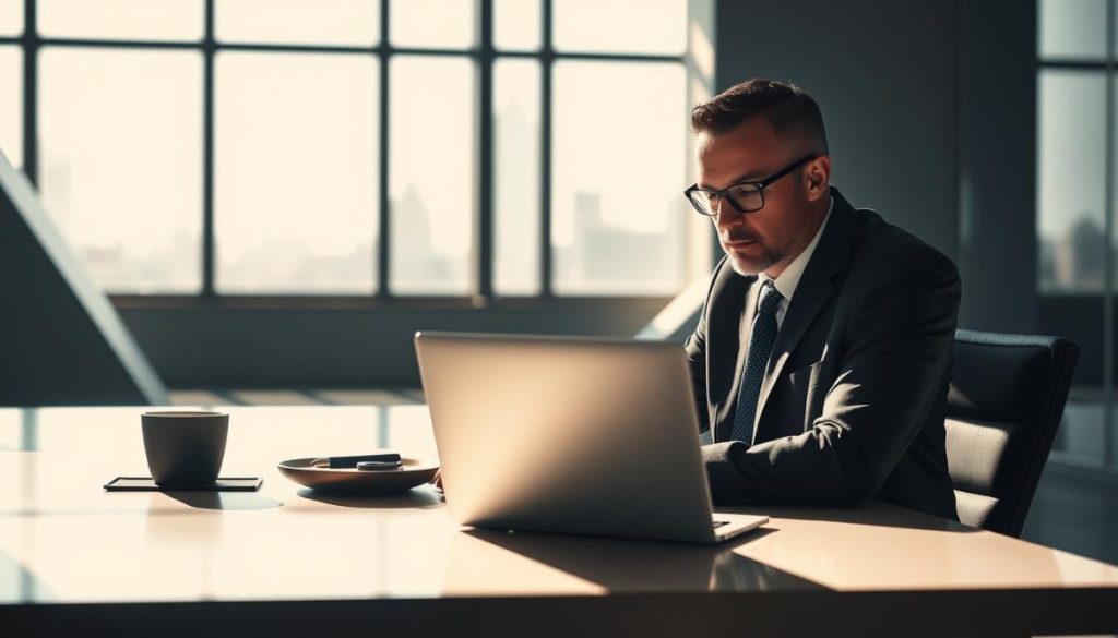 A Corporate Executive Sits At A Sleek, Minimalist Desk, Focused Intently On A Laptop Screen. Soft, Directional Lighting From An Unseen Source Casts Dramatic Shadows, Creating A Sense Of Purpose And Intensity. The Background Is A Clean, Modern Office Space, With Geometric Architectural Details And A Cityscape Visible Through Large Windows. The Executive'S Expression Is One Of Deep Concentration, Reflecting The Gravitas And Authority Required To Establish A Impactful Thought Leadership Strategy On Linkedin. Cinematic In Style, The Image Conveys The Serious, Professional Nature Of Cultivating An Influential Digital Presence. A Corporate Executive Sits At A Sleek, Minimalist Desk, Focused Intently On A Laptop Screen. Soft, Directional Lighting From An Unseen Source Casts Dramatic Shadows, Creating A Sense Of Purpose And Intensity. The Background Is A Clean, Modern Office Space, With Geometric Architectural Details And A Cityscape Visible Through Large Windows. The Executive'S Expression Is One Of Deep Concentration, Reflecting The Gravitas And Authority Required To Establish A Impactful Thought Leadership Strategy On Linkedin. Cinematic In Style, The Image Conveys The Serious, Professional Nature Of Cultivating An Influential Digital Presence.