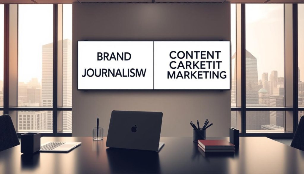 A Corporate Office Interior With A Modern, Minimalist Design. In The Foreground, A Sophisticated Desk Setup With A Sleek Laptop, A Stylish Pen Holder, And A Few Carefully Curated Office Supplies. In The Middle Ground, A Wall-Mounted Display Showcases Two Distinct Visual Styles - One With A Polished, Editorial Look, Representing &Quot;Brand Journalism,&Quot; And The Other With A More Casual, Content-Driven Aesthetic, Representing &Quot;Content Marketing.&Quot; The Background Features Tall Windows Overlooking A Bustling City Skyline, Bathed In Warm, Natural Lighting. The Overall Atmosphere Conveys A Sense Of Professionalism, Innovation, And The Intersection Of Traditional Media And Modern Marketing Strategies. A Corporate Office Interior With A Modern, Minimalist Design. In The Foreground, A Sophisticated Desk Setup With A Sleek Laptop, A Stylish Pen Holder, And A Few Carefully Curated Office Supplies. In The Middle Ground, A Wall-Mounted Display Showcases Two Distinct Visual Styles - One With A Polished, Editorial Look, Representing &Quot;Brand Journalism,&Quot; And The Other With A More Casual, Content-Driven Aesthetic, Representing &Quot;Content Marketing.&Quot; The Background Features Tall Windows Overlooking A Bustling City Skyline, Bathed In Warm, Natural Lighting. The Overall Atmosphere Conveys A Sense Of Professionalism, Innovation, And The Intersection Of Traditional Media And Modern Marketing Strategies.