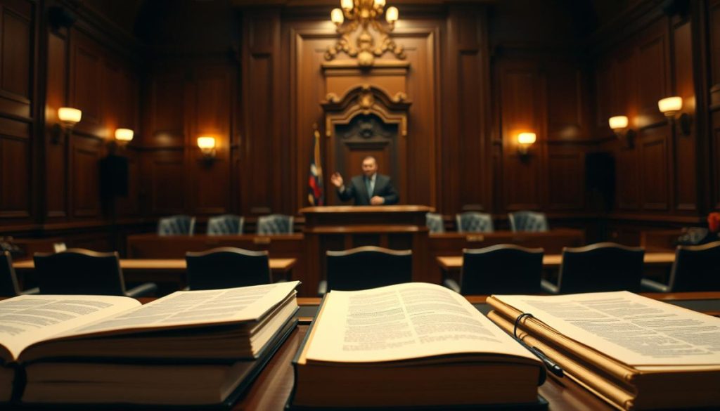 A Courtroom Interior With A Wooden Podium And Chairs, Illuminated By Warm, Directional Lighting. In The Foreground, Legal Volumes And Documents Are Neatly Arranged, Conveying A Sense Of Authority And Expertise. In The Middle Ground, A Silhouetted Figure Stands At The Podium, Gesturing To Unseen Participants. The Background Features A Deep, Ornate Wooden Paneling, Suggesting A Formal, High-Stakes Legal Setting. The Overall Atmosphere Is One Of Gravity, Professionalism, And The Careful Application Of Rigorous Legal Standards.
