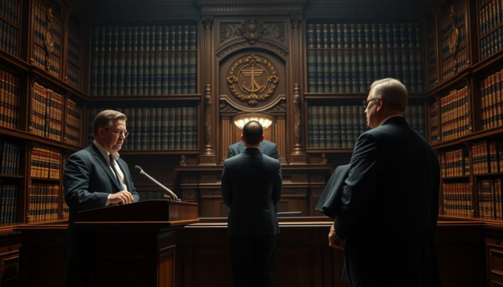 A Courtroom Scene With A Central Figure Representing &Quot;Defamation And Copyright Laws&Quot;. In The Foreground, A Lawyer Stands At A Podium, Their Expression Stern And Authoritative. Behind Them, A Judge Sits At An Ornate Bench, The Gavel In Hand. In The Middle Ground, Two Parties Face Each Other, One Representing A Brand, The Other A Deepfake Creator. In The Background, Intricate Legal Tomes Line The Shelves, Casting A Somber, Serious Tone. Dramatic Side Lighting Illuminates The Scene, Creating Deep Shadows And A Sense Of High-Stakes Drama. The Overall Atmosphere Conveys The Gravity And Complexity Of Navigating Legal Recourses Against Targeted Deepfakes. A Courtroom Scene With A Central Figure Representing &Quot;Defamation And Copyright Laws&Quot;. In The Foreground, A Lawyer Stands At A Podium, Their Expression Stern And Authoritative. Behind Them, A Judge Sits At An Ornate Bench, The Gavel In Hand. In The Middle Ground, Two Parties Face Each Other, One Representing A Brand, The Other A Deepfake Creator. In The Background, Intricate Legal Tomes Line The Shelves, Casting A Somber, Serious Tone. Dramatic Side Lighting Illuminates The Scene, Creating Deep Shadows And A Sense Of High-Stakes Drama. The Overall Atmosphere Conveys The Gravity And Complexity Of Navigating Legal Recourses Against Targeted Deepfakes.
