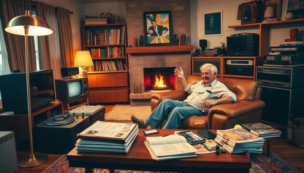 A Cozy Living Room In A Mid-Century Modern Style, Filled With A Mix Of Analog And Digital Media. Soft, Warm Lighting From A Brass Floor Lamp And A Crackling Fireplace Illuminates A Baby Boomer Couple Lounging On A Tufted Leather Sofa, Surrounded By Bookshelves, A Vintage Tv, A Large Stereo System, And A Record Player. On The Coffee Table, A Stack Of Newspapers And Magazines Sit Alongside A Tablet And A Smartphone, Representing The Blending Of Traditional And Modern Media Preferences. The Atmosphere Is One Of Nostalgia And Comfort, Reflecting The Generation'S Embrace Of Both The Familiar And The New.