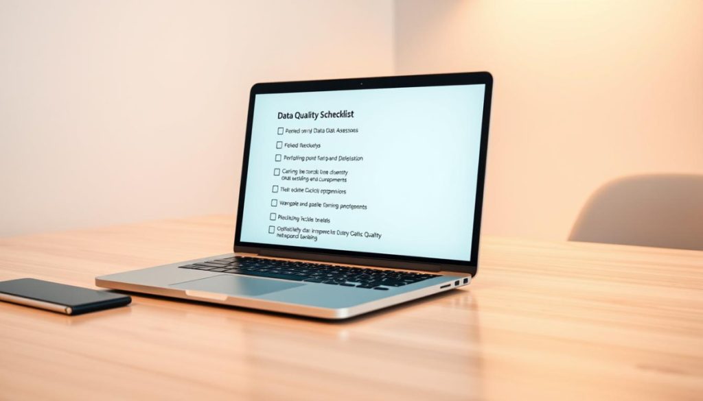 A Crisp, Clean Data Quality Assessment Checklist Presented On A Sleek, Modern Desk. The Checklist Is Displayed On A Silver Laptop Screen, Illuminated By Warm, Directional Lighting From The Side. The Checklist Items Are Clearly Visible, With Each Point Organized And Easy To Read. The Desk Surface Is A Clean, Polished Wood, And The Background Is A Minimalist, Neutral-Toned Office Setting, Allowing The Checklist To Be The Focal Point. The Overall Mood Is Professional, Organized, And Focused, Reflecting The Importance Of Thorough Data Quality Assessment.