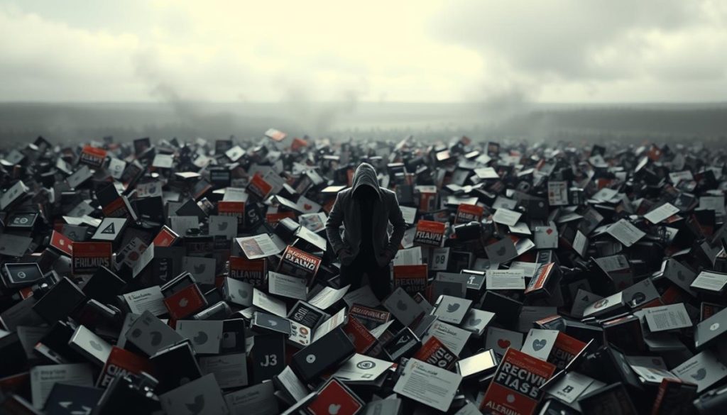 A Crowded, Chaotic Social Media Feed Dominates The Foreground, Filled With Alarmist Headlines, Misinformation, And Divisive Content. In The Middle Ground, A Figure Representing A Brand Or Organization Is Overwhelmed, Struggling To Navigate The Treacherous Online Landscape. The Background Is A Stark Contrast, A Blurred, Monochromatic Landscape, Symbolizing The Consequences Of Ignoring The Pr Risks Inherent In The Digital Age. Dramatic Lighting Casts Ominous Shadows, Heightening The Sense Of Impending Crisis. The Composition Conveys The Overwhelming Nature Of Social Media Pr Challenges, Urging The Viewer To Consider The Importance Of Proactive Strategy.