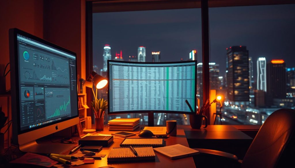 A Data Analyst'S Workspace, Bathed In Warm, Focused Lighting. In The Foreground, A Sleek Desktop Computer Displaying Intricate Visualizations, Charts, And Graphs. Surrounding It, A Clutter Of Colorful Post-It Notes, Highlighters, And A Well-Worn Notebook. In The Middle Ground, A Large, Curved Monitor Showcasing A Complex Spreadsheet, Its Formulas And Calculations Dancing Across The Screen. In The Background, A Window Offers A Glimpse Of A Bustling City Skyline, The Hum Of Industry Providing A Dynamic Backdrop. The Atmosphere Is One Of Deep Concentration, With A Sense Of Purpose And Discovery Driving The Scene.