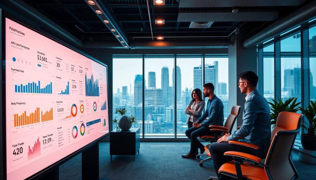 A Data-Driven Pr Strategy Unfolds In A Sleek, Modern Office Setting. A Large Touchscreen Display Dominates The Foreground, Showcasing Interactive Visualizations And Analytics Dashboards. Ergonomic Furniture And Minimalist Decor Create A Professional, Technology-Driven Atmosphere. Overhead, Strategically Placed Lighting Casts A Warm, Focused Glow, Illuminating The Data-Driven Decision-Making Process. In The Middle Ground, A Team Of Pr Professionals Collaborate, Studying Performance Metrics And Brainstorming Their Next Data-Driven Moves. The Background Depicts The Cityscape Outside, Hinting At The Global Reach And Impact Of Their Ai-Powered Trend Forecasting And Pr Initiatives.