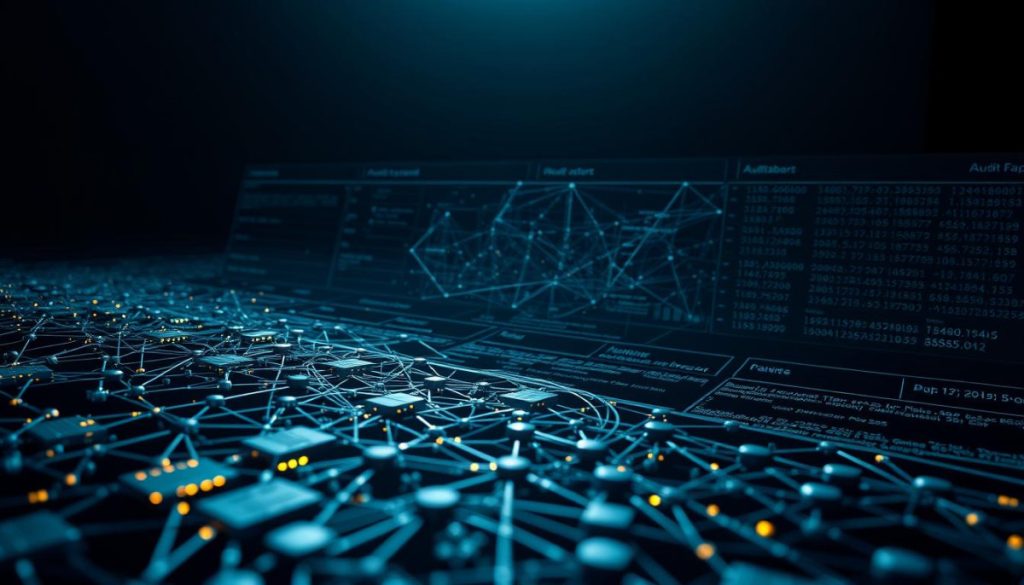 A Detailed Audit Trail Of Digital Transactions, Depicted With Meticulous Precision. In The Foreground, A Series Of Interconnected Blockchain Blocks And Cryptographic Hashes, Glowing With A Subtle Metallic Sheen. In The Middle Ground, A Complex Web Of Interconnected Data Points And Time-Stamped Records, Displayed In A Clean, Minimalist Interface. In The Background, A Moody, Atmospheric Setting With Muted Blues And Grays, Suggesting The Importance And Gravitas Of The Audit Process. The Lighting Is Stark And Dramatic, Casting Long Shadows And Highlighting The Intricate Details Of The System. The Camera Angle Is Slightly Elevated, Giving A Sense Of Overview And Control. The Overall Mood Is One Of Precision, Security, And The Critical Role Of Audit Trails In Maintaining Transparency And Accountability.